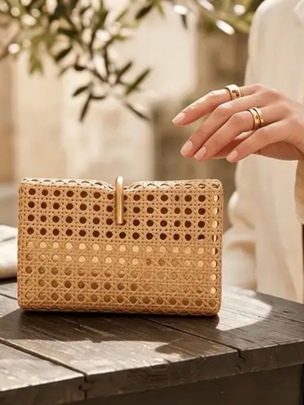 Zara Woven Rattan Clutch in Natural Beige